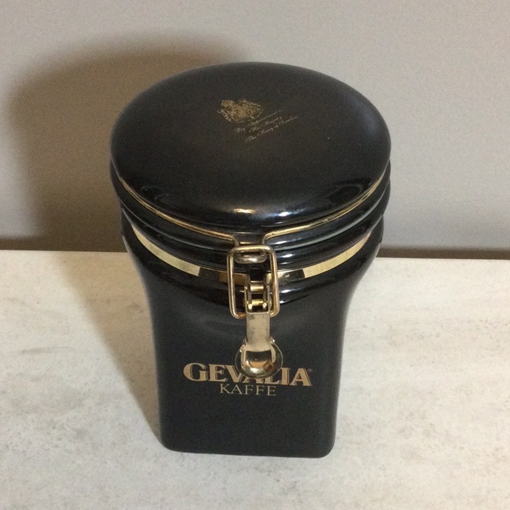 Gevalia Kaffe Black Coffee Canister with Gold Accents